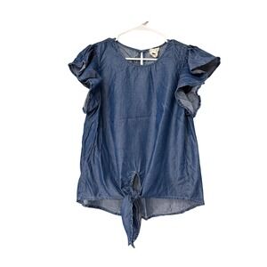 Harper Heritage Denim Blue Tie-Front Flutter Sleeve Blouse Top Womens‎ Medium